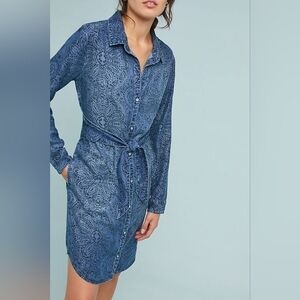 Cloth & Stone Blue Printed 100% Tencel Belted Long Sleeve Midi Shirt Dress